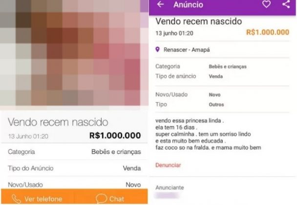 Pai colocou a própria filha recém-nascida à venda em anúncio na internet (Foto: Reprodução/OLX)