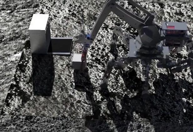 A equipe também desenvolveu um robô de impressão 3D para construir casas no solo lunar (Foto: Reprodução/New China TV)