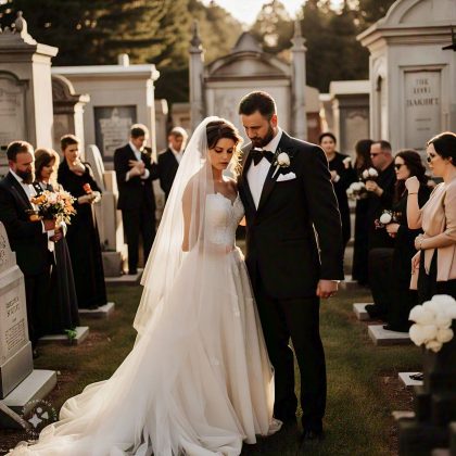 Casal inova com casamento em cemitério e bolo "sangrento" (Foto: Meta AI Image Generation)