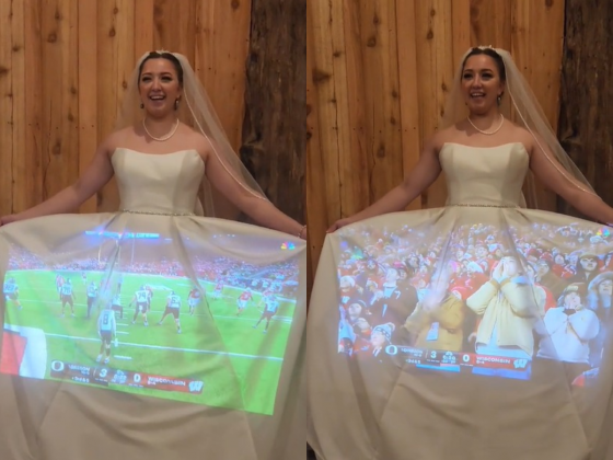 Kennedie Savage não deixou que seu casamento atrapalhasse sua paixão pelo futebol (Foto: Reprodução/TikTok/@lost_in_the_trees_media)