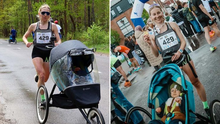 Khrystyna Bohomiahkova, da Ucrânia, fez história ao correr 10 km empurrando um carrinho de bebê (Foto: Reprodução/Guinness World Records)