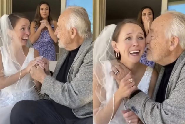 Antes da cerimônia, Julia visitou o pai que tem Alzheimer vestida de noiva e registrou o momento em vídeo (Foto: Reprodução/TikTok)