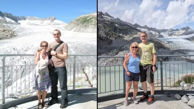 Casal refaz foto nos Alpes Suíços após 15 anos e redução drástica das geleiras fica em evidência (Foto:Reprodução/X)