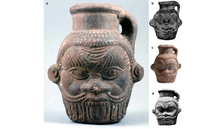 A caneca foi doada ao Museu de Arte de Tampa em 1984 e é decorada com a figura de Bes, um deus egípcio associado à proteção e à purificação (Foto: Universidade do Sul da Flórida/Scientific Reports)