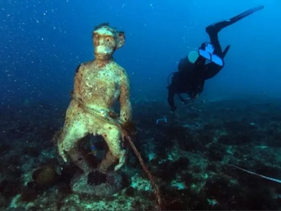 Mistério no mar: estátua de macaco é encontrada no litoral do Ceará e intriga pesquisadores (Foto: Labomar-UFC/Mar do Ceará/SEMA)