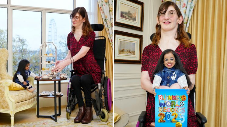 Rumeysa Gelgi e Jyoti Amge, respectivamente a mulher mais alta e a mais baixa do mundo, se encontraram em Londres durante o 20º Dia Anual do Guinness World Records (Foto: Guinness World Records)