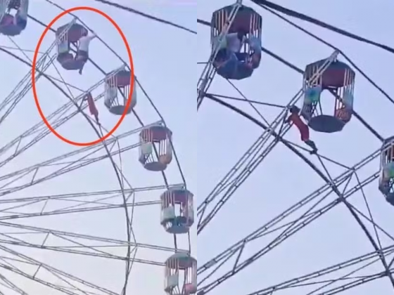 Imagens dramáticas mostram uma menina de 13 anos pendurada a 18 metros de altura, após cair da cabine de uma roda gigante na Índia (Foto: Reprodução/YouTube)