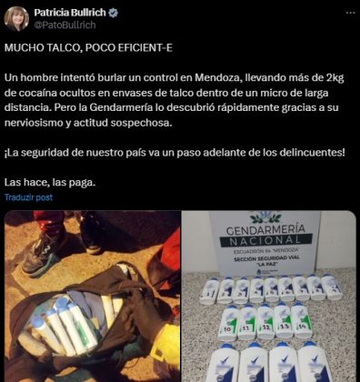 Testes preliminares apontaram cocaína, e até a Ministra da Segurança divulgou o caso como uma grande apreensão (Foto: Reprodução/X/@PatoBullrich)