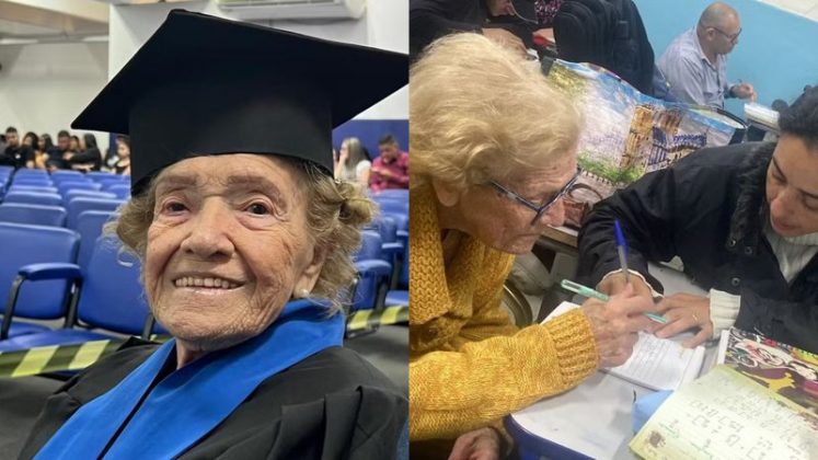 Iolanda Ribeiro Conti, aos 91 anos, emocionou sua família e colegas ao concluir o ensino médio por meio do programa de Educação de Jovens e Adultos (EJA) na Escola Estadual Padre Conrado Sivila, em Guarulhos, São Paulo (Foto: X)