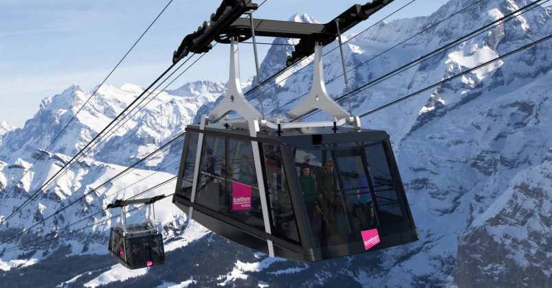 O teleférico mais íngreme do mundo foi inaugurado em 13 de dezembro de 2024 nos Alpes Berneses, na Suíça (Foto: Schilthornbahn 20XX)