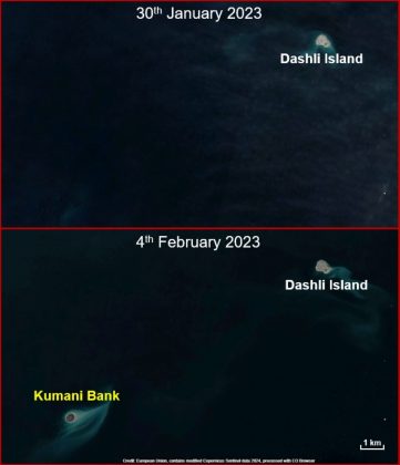 Conhecida como Chigil-Deniz, ela ressurgiu discretamente e permaneceu oculta ao olhar humano até ser identificada por satélites em 2024 (Foto: Observatório da Terra da Nasa)