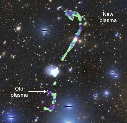 Astrônomos anunciaram a descoberta de uma nova radiogaláxia, Inkathazo, que desafia as expectativas sobre essas gigantes cósmicas (Foto: KKL Charlton (UCT), MeerKAT, HSC, CARTA, IDIA)