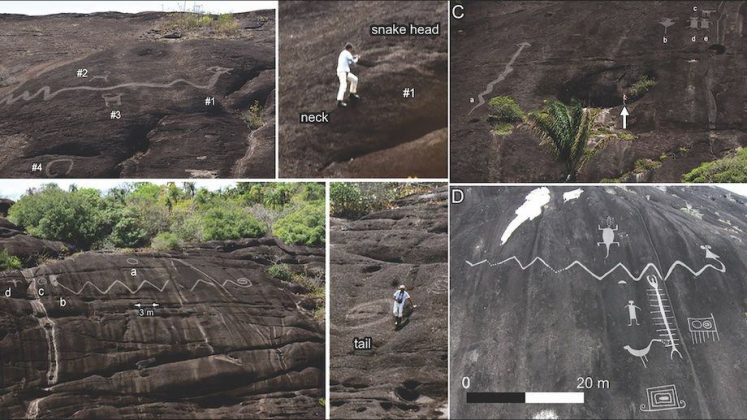 Arte rupestre retrata existência de cobra gigante na América do Sul. (Foto: Philip Riris et al.; Antiguidade Publicações Ltda.)