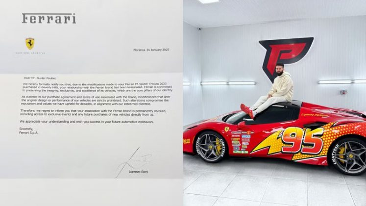 O influenciador Ruyter Poubel, conhecido por sua paixão por carros de luxo, teve sua relação com a Ferrari encerrada após personalizar um modelo da fabricante italiana de maneira considerada inadequada (Foto: X)