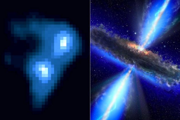 A água foi detectada na região gasosa ao redor do quasar APM 08279 5255, localizado a mais de 12 bilhões de anos-luz de distância. Isso significa que essa água já existia quando o Universo tinha apenas 1,6 bilhão de anos, em um tempo muito mais jovem do que o atual, com 13 bilhões de anos (Foto: NASA/ESA)