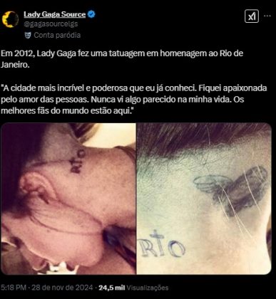 Ela também recordou a tatuagem que fez em homenagem ao Rio de Janeiro, com o desenho do Cristo Redentor (Foto: Reprodução/X)