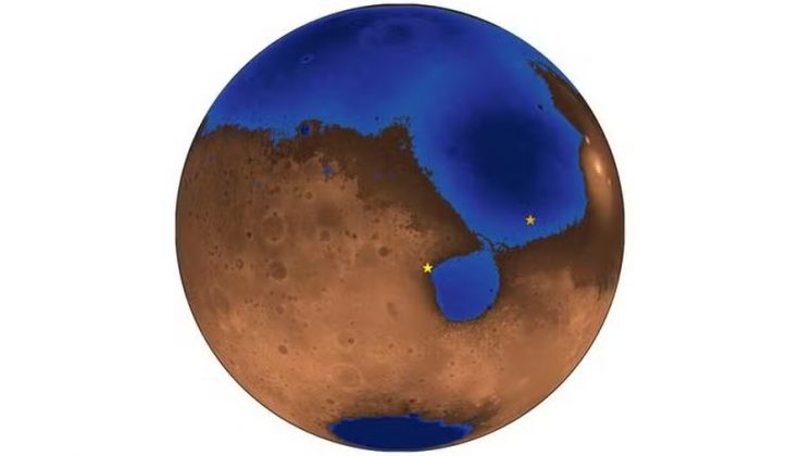 Imagem hipotética de Marte há 3,6 bilhões de anos, quando um oceano pode ter coberto quase metade do planeta (Foto: Roberto Cidra)