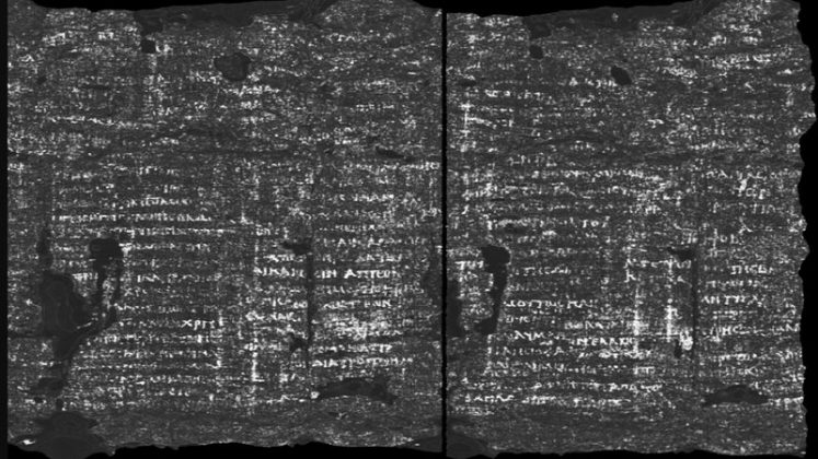 Após quase dois milênios, um pergaminho romano que foi carbonizado pela erupção do Monte Vesúvio em 79 d.C. teve parte de seu conteúdo revelado graças ao uso da Inteligência Artificial e de tecnologia avançada de raios X (Foto: X)