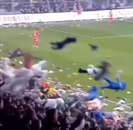 "Voluntários entram em campo para recolher os brinquedos lançados." (Imagem: reprodução Instagram)