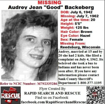 . Audrey Backeberg, que sumiu em 1962 aos 20 anos, foi localizada viva, agora com 82, vivendo sob outra identidade e aparentemente em paz com o passado (Foto: X)
