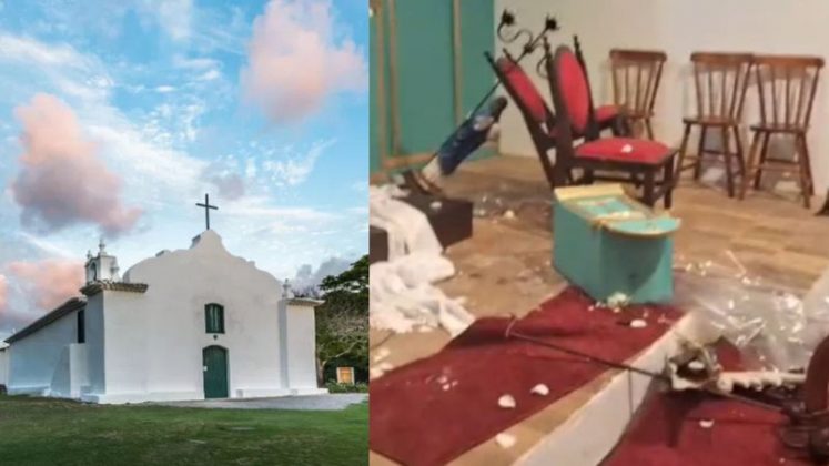 Uma das igrejas mais antigas do país, construída no século 17 por missionários jesuítas no famoso Quadrado de Trancoso, em Porto Seguro (BA), foi invadida e teve parte de seu interior destruído em um ato de vandalismo que causou indignação entre fiéis e autoridades (Foto: X)